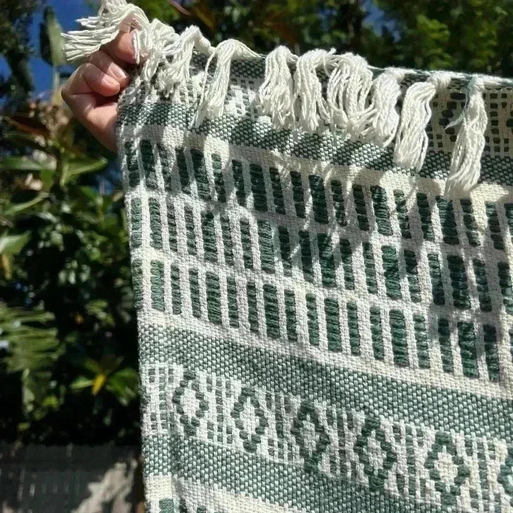 ASHTON WOODS GREEN MULTI THROW BLANKET 100% COTTON 50” x 60” INDIA boho style - Picture 6 of 8